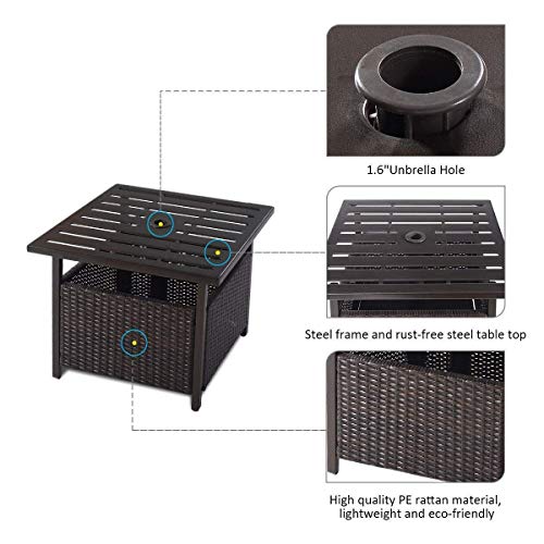 ReunionG PE Rattan Side Table, Patio End Table w/ 1.6\'\' Umbrella Hole, All Weather Wicker Umbrella Table for Outside, Outdoor Side Tables for Patio, Garden, Pool, Deck