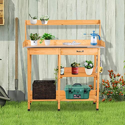 Outdoor Garden Table Potting Table - 50" Work Station With Metal Galvanization Tabletop/Drawer/Rack Shelves, Natural #TOP6