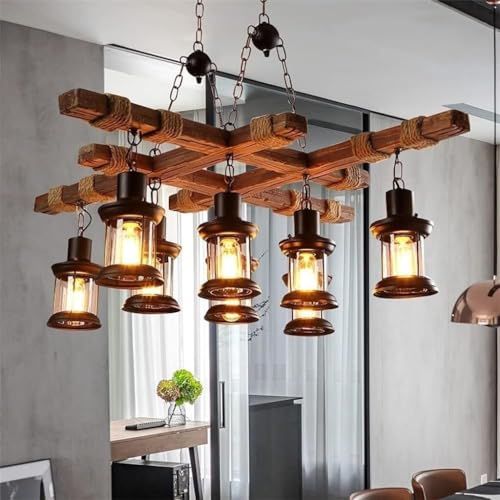 Hemp Rope Wooden Chandelier 8-Lights Black Retro Metal Glass Pendant Lights E27 Industrial Dining Room Pendant Lamp