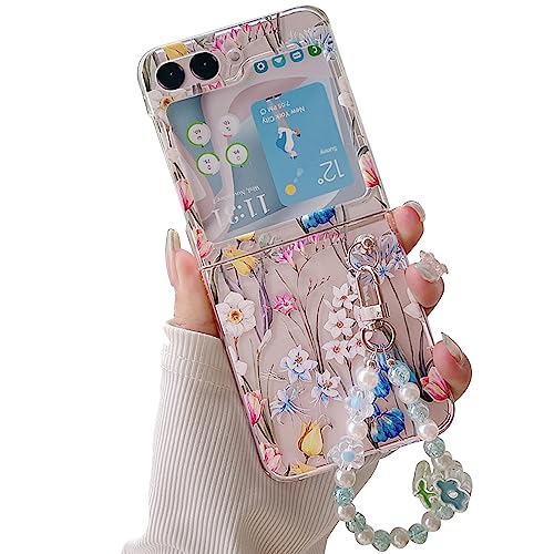 Coque Galaxy Z Flip 5 antichoc en TPU souple floral avec dragonne