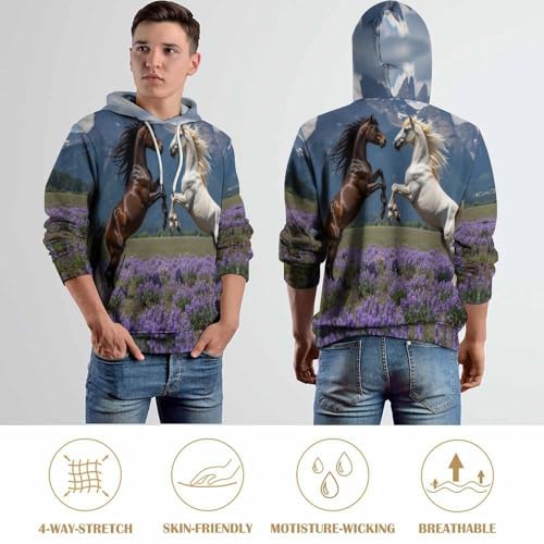Pull à capuche chevaux imprimé montagne coupe ample et manches longues