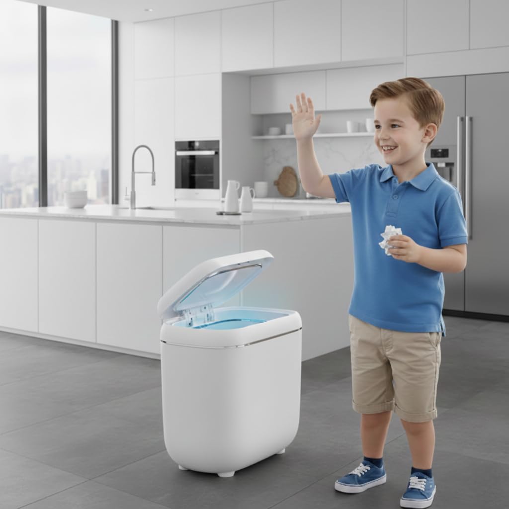 Motion Sensor Trash Can, Automatic Touchless Trash bin, 2.6 Gallon for Bathroom, Bedroom & Office - Waterproof, Quiet Close, White