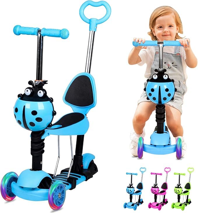 5 in1 Kids Scooter with Removable Seat, LED Flashing Wheels Height Adjustable 3 Wheels Kick Scooter with Push Handle for Toddlers, Boys and Girls from 2-8 Years (Blue)