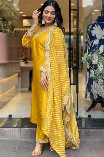 Image of Jwalin Women's Chinon Silk Embroidered Kurta and Pant Set with Dupatta|Kurta Set for Women|Ethnic Set|Kurti Set
