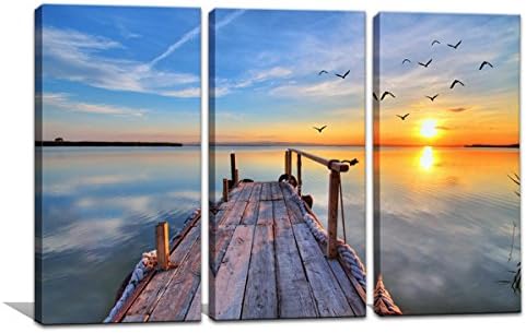Noah Art-Sunset Lake Wall Art, Birds Flying Over The Pier Nature Ocean Landscape Picture Posters Prints on Canvas, Large Size Bathroom Wall Decor, 14x28inch x 3 Piece Set