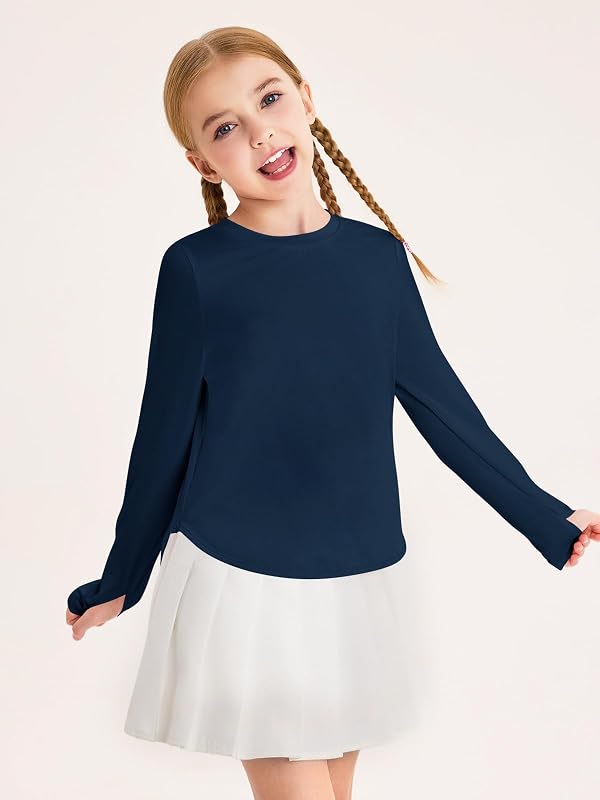 Haloumoning Girls Athletic Long Sleeve Shirts Kids Side Slit Quick Dry Workout Tops Tees with Thumb Hole 5-14 Years Navy by Haloumoning - Image 3