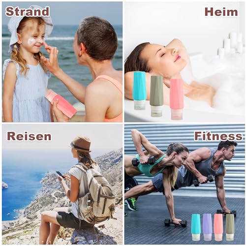 Silikon Reiseflaschen Set, 4 Stück 90ml Auslaufsichere Reisebehälter für Kosmetik und Toilettenartikel - TSA-konform mit No-Drip-Ventil - Ideal für Reise, Festival und Flugzeug