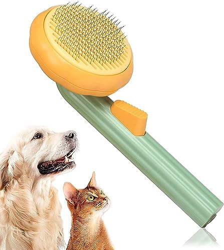 Foodie Puppies Self Cleaning Pet Slicker Brush for Dogs Cats Puppy Rabbit – (Pumpkin Slicker Brush) Pet Hair Remover Grooming Comb with Switch & Pain Free Slickers | Deshedding Dog Brush & Cat Brush To Gently Massage The Pets