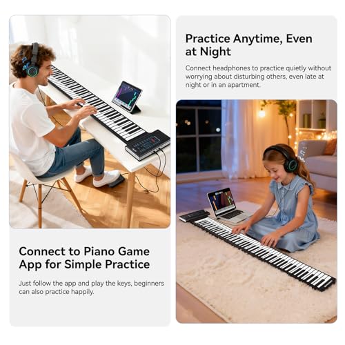 88 Keys Roll Up Keyboard Piano, Portable Electric Foldable Piano with Sustain Pedal, 20 Songs, 128 Tones, 128 Rhythms, Rechargeable & Wireless BT, Music Gift for Beginners (with LED Display) - Les Beatles, Paul McCartney, John Lennon, RIngo Starr, George Harrison 88 Keys Roll Up Keyboard Piano, Portable Electric Foldable Piano with Sustain Pedal, 20 Songs, 128 Tones, 128 Rhythms, Rechargeable & Wireless BT, Music Gift for Beginners (with LED Display) – Image 4