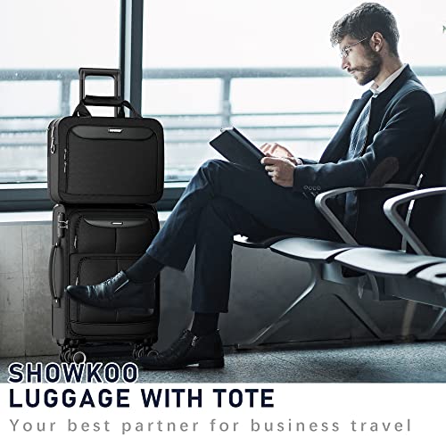 Showkoo Carry-On Luggage 2 Piece Softside Lightweight Durable Suitcase With Bag Tote Double Spinner Wheels Tsa Lock Black 20-Inch #TOP1