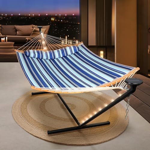 Image of SUNCREAT Double Hammock with 12 ft Stand, Solar Powered Lights, Blue White