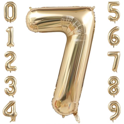 Image of Champagne Gold 7 Balloon Number,40 Inch Light Gold 7 Balloons Big Foil Mylar Helium Number 7 Balloon for Birthday Party Anniversary Decorations
