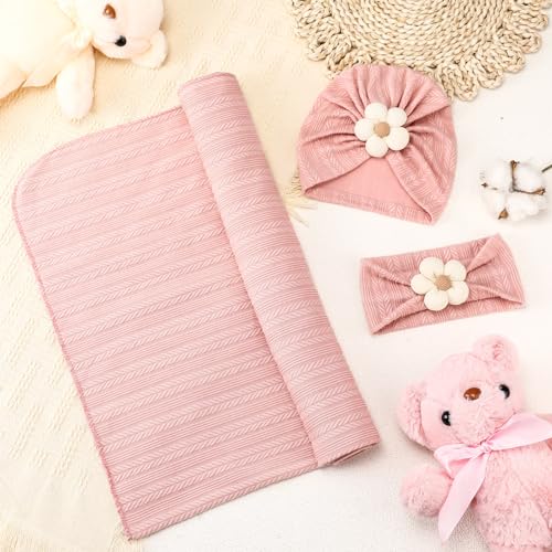 Image of Breling Baby Girl Blankets Newborn Set Newborn Receiving Blanket Baby Flower Headbands 3 Pieces Newborn Accessories Set for Newborn Infant Toddler Kids