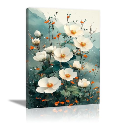 Toile fleurs sauvages beiges 60x90cm encadrée pour déco salon tableau abstrait moderne