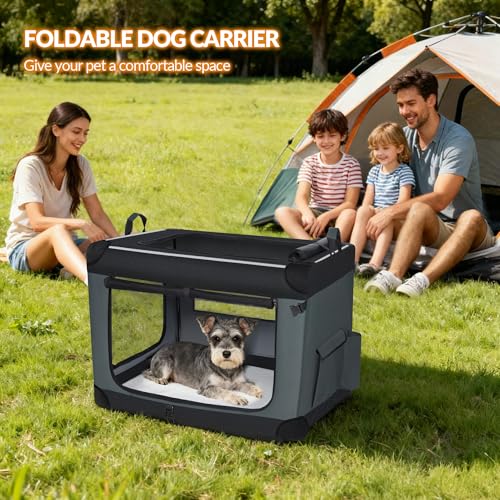 Fobyfurny Hundebox Faltbar, 3-Türiger Transportbox Hund, 60 x 42 x 42 cm, Tragbare Hundetasche mit Reflektierenden Streifen und Taschen, Oxford-Gewebe, Die Matte ist Abnehmbar, Grau, FPDT005OG1