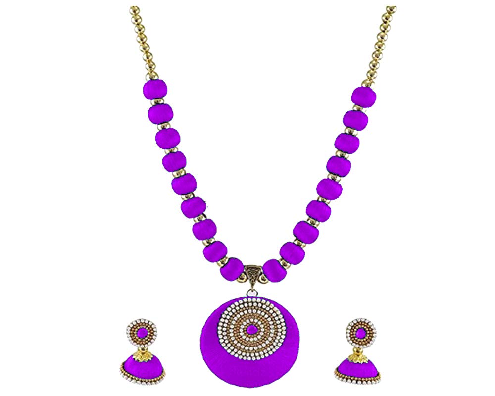 Round Pendant Silk Necklace with Earrings