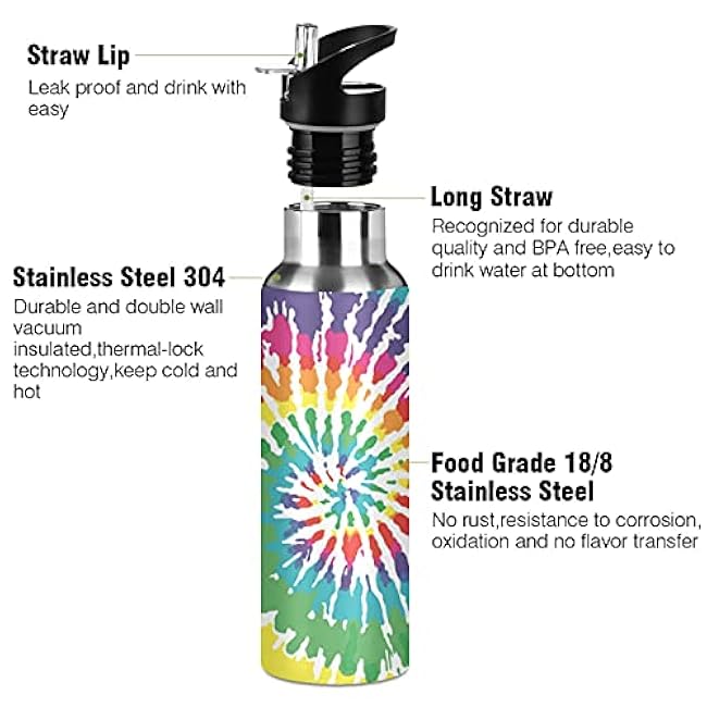 20 oz Sports Water Bottles with Straw Lid and Carry Loop, Insulated Stainless Steel Double Wall Vacuum Thermo Water Bottle for Gym Camping Hiking - Tie Dye