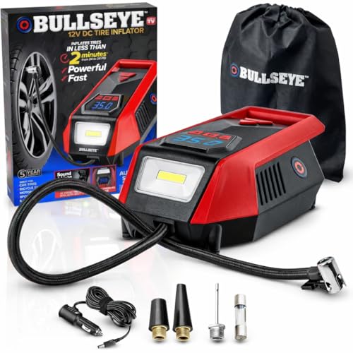 Bullseye 12V DC Car Tire Inflator Portable Air Compressor - Rapid 2 Minute Inflation Auto Shut-Off Max 150 PSI Easy Cord Storage Digital Pressure Gauge Works For Bikes Motorcycles Inflateables