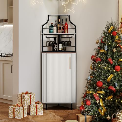 Image of ARTPOWER Corner Bar Cabinet with LED Strip, 4-Tiers Liquor Cabinet, White