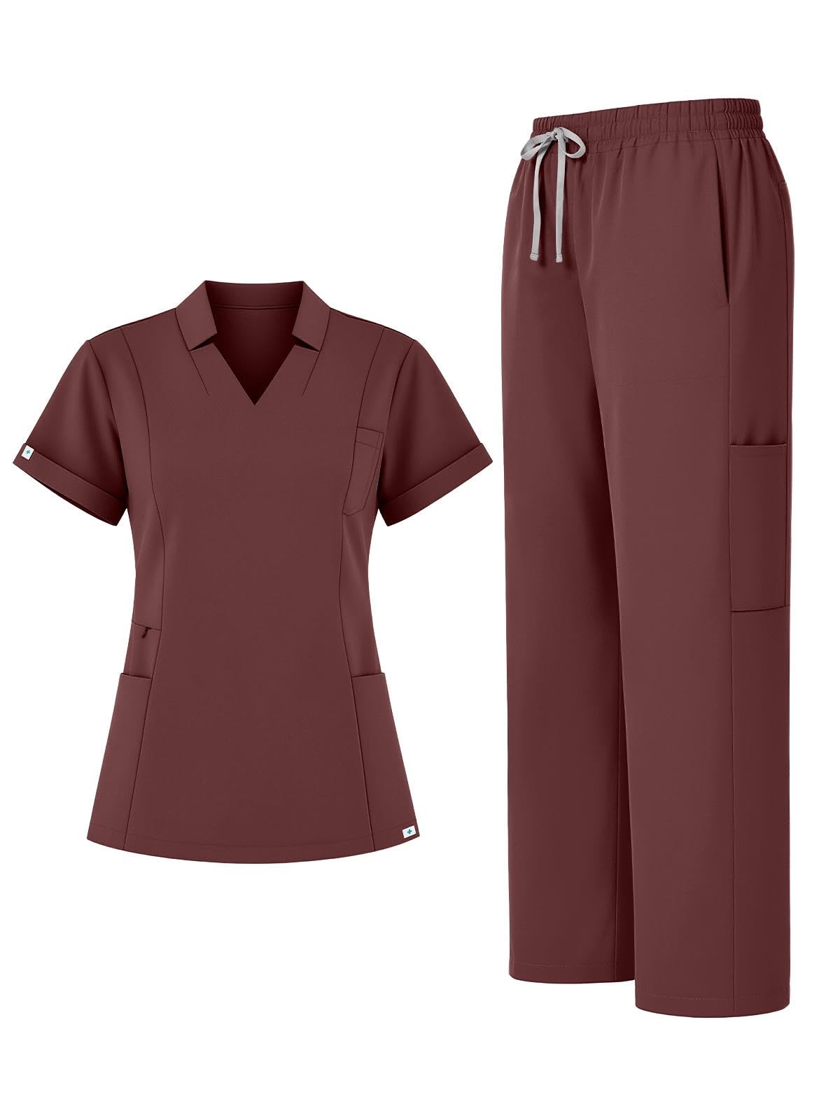 Scrubs for Women Set, Notched V-Neck Top &amp; Straight-Leg Pants