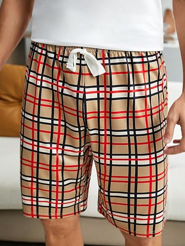 WDIRARA Men's Sleepwear Bear Print Round Neck Short Sleeve Top and Plaid Shorts Pajama Set3