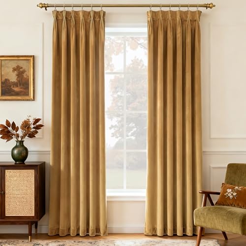 Gold Brown Triple Pleated Velvet Curtains 84 inches Long 2 Panels for Living Room Thermal Insulated Pinch Pleat Blackout Velvet Drapes With Hooks Thick Heavy Mordern Elegant Luxury Bedroom Curtain