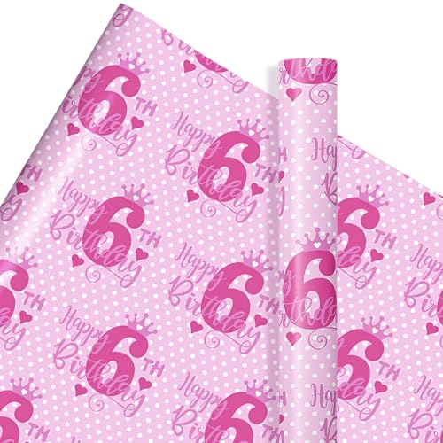 RUSPEPA 6th Girl Birthday Wrapping Paper, Mini Roll, Crown and Happy 6th Birthday Dots Design, 6 Years Old, 17 Inches x 16.4 Feet, Perfect for Girls' Birthday Party Gifts