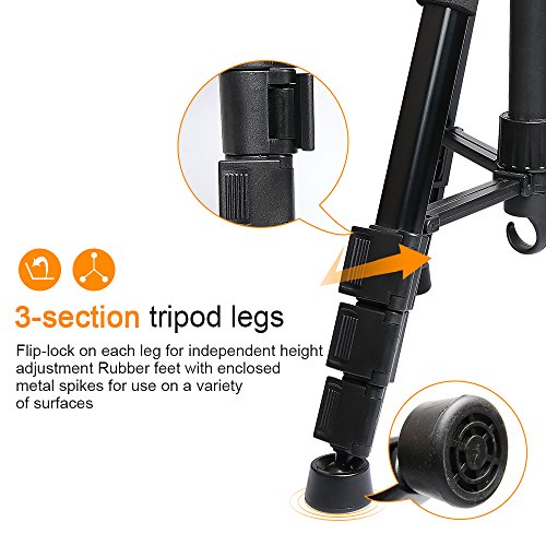 Huepar Lightweight TPD14 56" Adjustable Laser Level Tripod with 3-Way Swivel Pan Head, Quick Release Plate with 1/4" Screw Mount, Bubble Level, Multi-Function Hook and 5/8" UNF Adapter Nut