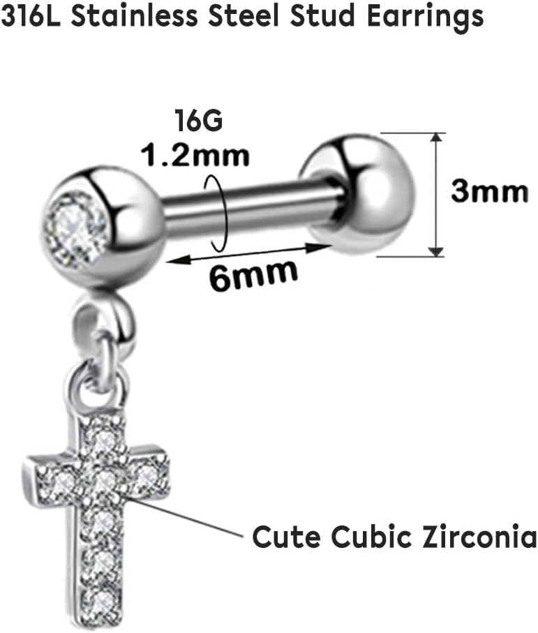 1 Pair 16G Cartilage Stud Earrings for Women Surgical Steel Helix Earrings Dangle Moon Star Butterfly Heart Cross CZ Hypoallergenic Tragus Couch Helix Piercing Jewelry - Image 2