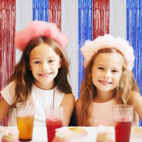Image of DECOCKRAT 2 Pack Foil Fringe Backdrop - Red&White&Blue Shiny Tinsel Curtains for Party Decoration /Photo Booth Props - 3.3x6.6 FT Metallic Foil Backdrop for Birthday, Wedding, Graduation, Christmas.