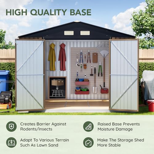 Image of Upgrade 10x12 FT Outdoor Metal Storage Shed with Floor Frame, Double Swing Doors, 2 Clear Windows, Replaceable Skylight Roof Panel, Tool Shed for Garden, Patio, Backyard Brown
