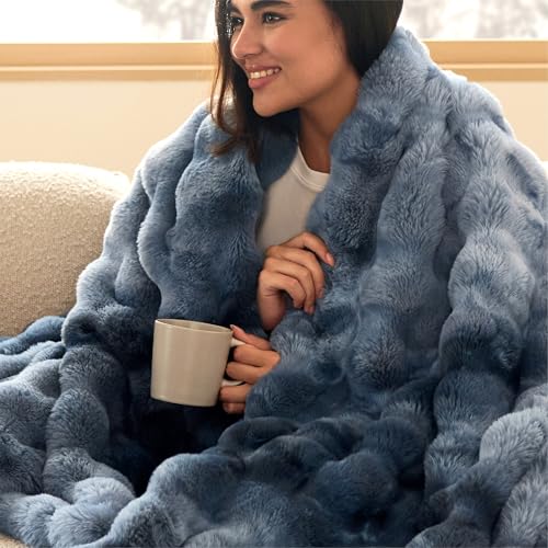 Bedsure GentleSoft Fluffy Faux Fur Throw Blanket, Fuzzy Soft Bubble Blanket for Couch, Faux Fur Decor for Home Bedroom Living Room, Thick Warm Furry Cozy Gifts for Women, Tie-dye Blue, 50x60 Inch