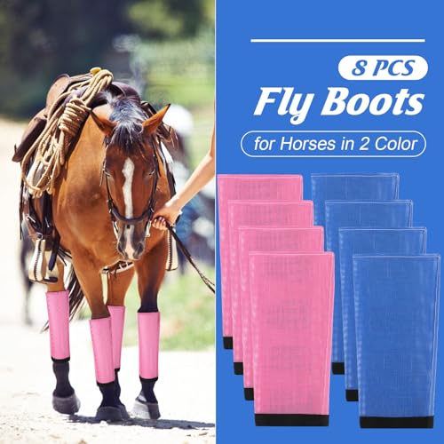 Image of Set of 8 Mesh Fly Boots for Horse Breathable Mesh Horse Boots Protective Loose Wraps Adjustable for Preventing Legs Reduces Flies and Mosquitoes Bites(Blue, Pink,S)