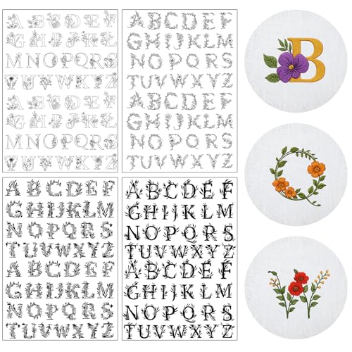 Image of Water Soluble Hand Sewing Stabilizers - 4 Sheets 200+ A-Z Letter Stick and Stitch Embroidery Paper Designs Wash Away with Pre-Printed Flower and Alphabet Patterns for Hand Sewing Lover Beginners