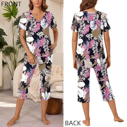 Image of Bestbee Women's Pajama Sets 2 Piece Lounge Outfits Summer Sleepwear V Neck Short Sleeve Capri Pant With Pockets Ladies Pjs