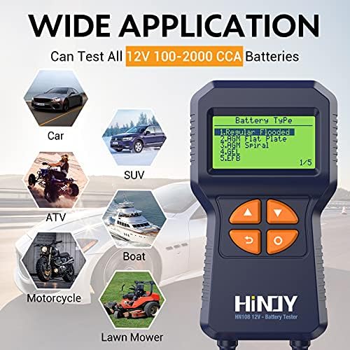 Car Battery Tester 12V Load Tester, HINOY HN108 100-2000 CCA Automotive Alternator Tester, Digital Auto Battery Analyzer, Charging Cranking System Tester for Car Truck Marine Motorcycle SUV Boat