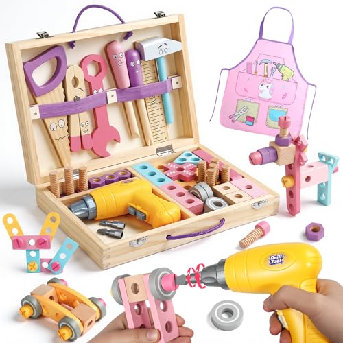 Wooden Kids Tool Set with Drill Montessori Toys for 3 Year Old Girl 44Pcs