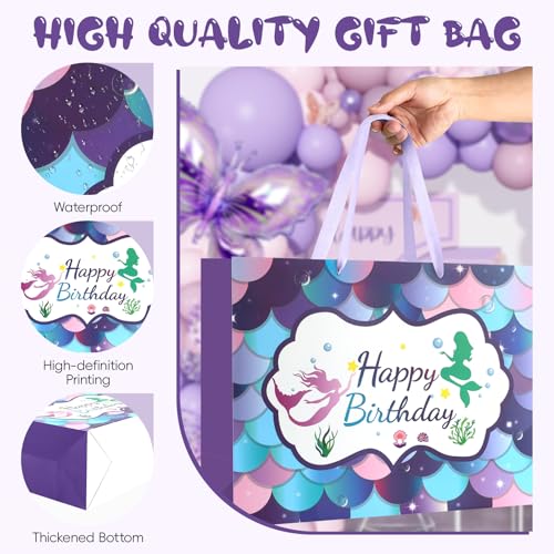 Image of JMANNI Large Happy Birthday Gift Bag with Tissue Papers and Greeting Card,Portable Paper Mermaid Gift Bags with Handles,Purple Present Bags for Women Girls Birthday Party Supplies13 x 10.2 inch x4.7 inch