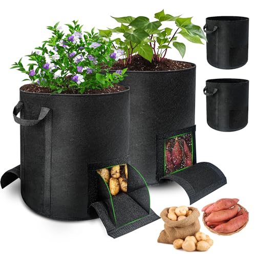 4 Pcs 15 Gallon Potato Grow Bags with Harvest & Visible Windows, Thickened Nonwoven Fabric Potato Planter,Potato Growing Containers with Sturdy Handles, Potato Bags for Growing Potatoes Vegetables
