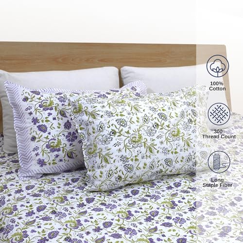 Image of TOAI Hand Block Printed Bedsheet | Bed Sheet Flatsheet | Pure Cotton | Double Bed King Size 108 inchx108 inch | 300 TC Bedsheets | Includes 2 Pillow Covers (Purple Green Floral Spread)