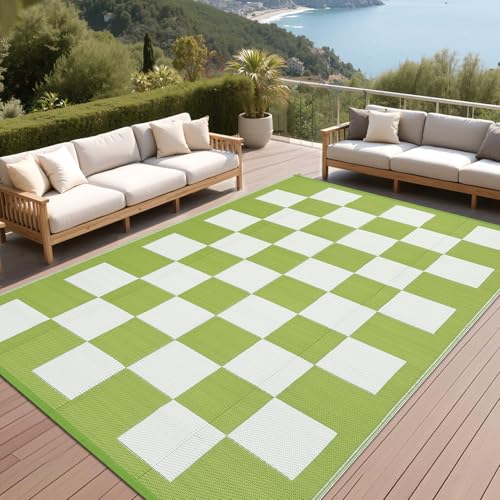 GarveeHome Large Outdoor Rug 9 x 18 Waterproof Modern Checkboard Plastic Straw Rug, Foldable Reversible Camping Mat, UV-Resistant Geometric Plaid Woven Carpet for Picnic, Deck, Green White