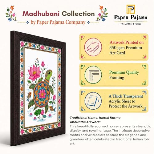 Image of PAPER PAJAMA Madhubani Turtle Wall Art for Living Room | Lotus & Sea Turtle Folk Art Painting | Traditional Mithila Framed Decor for Home, Office & Bedroom (10x13 Inches)