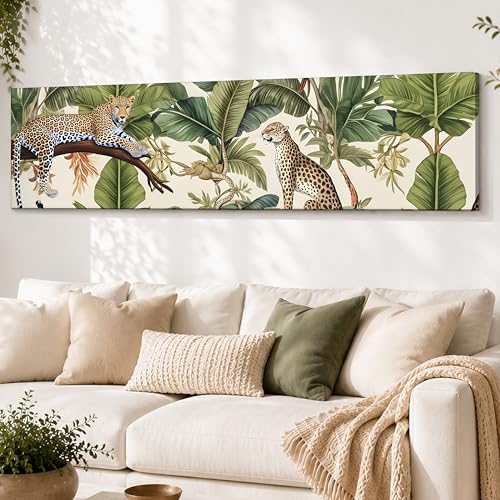 Image of Tropical Leopard Jungle Exotic Wildlife Canvas Wall Art Painting For Living Room, Green Botanical Jungle Painting Tropical Leopard Wall Art For Home & Office, 12x46 Inch