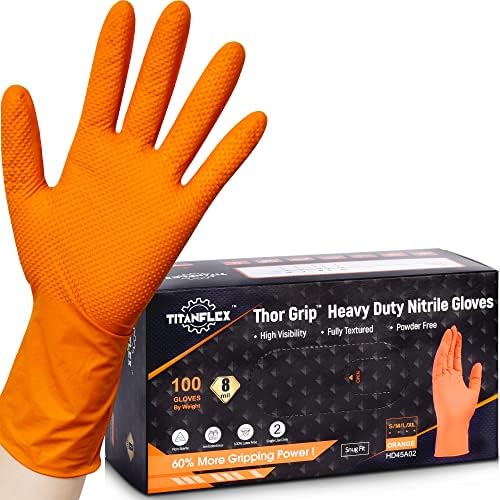 TITANflex Thor Grip Heavy Duty Industrial Orange Nitrile Gloves, 8-mil, Gloves Disposable Latex Free with Raised Diamond Texture Grip, Powder Free, Rubber Gloves, Mechanic Gloves,100-ct Box (Medium)