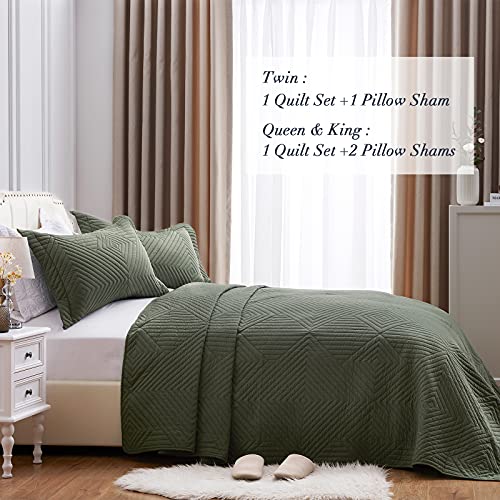 Sunstyle Home Full/Queen Size Quilt Olive Green 3 Pieces - Lightweight Summer Quilt Set Full/Queen - Soft Bedspread Coverlet Bedding Set For All Season(1 Quilt, 2 Pillow Shams) #TOP2