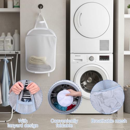 WJIAAA Hängender Wäschekorb,2 Stück Wäschekorb Klein Faltbarer Mesh Laundry Basket, Pop Up Hänge Netzkorb, Wand-Wäschekörbe aus Mesh für Heim Reisen Badezimmer (Weiß, Grau)