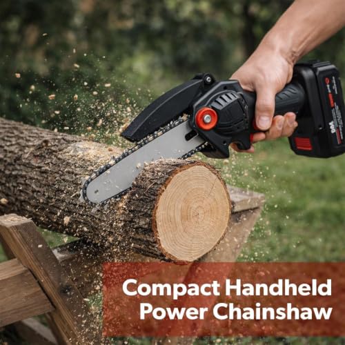 Image of Cordless Mini Chainsaw 6 Inch, 48V Rechargeable Handheld Electric Chain Saw with 1 Battery, Charger & Accessories for Wood Cutting, Tree Branch Pruning and Garden Use