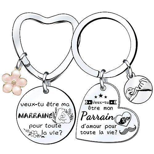 Lumengqi Cadeaux de Noël pour Parrain Marraine 2 Porte-clés Cadeau Parrain Marraine Demande Cadeau Annonce Naissance Baptême Communion Surprise Noël