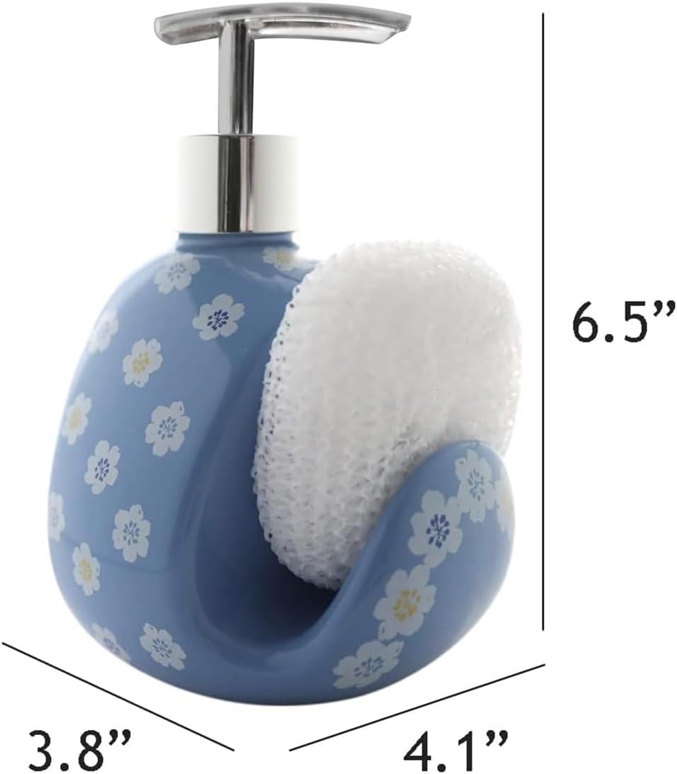 WAYUTO Ceramic Soap Dispenser for Kitchen Sink with Sponge Holder Liquid Hand Pump Bottle Bathroom Sets Decor Accessories Laundry Sanitizer Blue