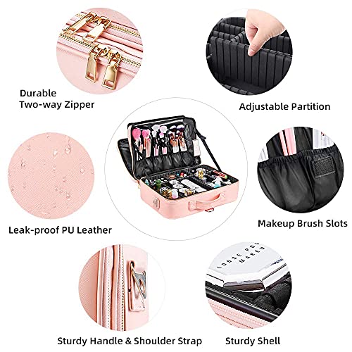 Makeup Case Travel - Large Makeup Bag 16" Professional Makeup Train Case with Adjustable Strap, Leather Makeup Artist Box for Hair Curler Hair Straightener Brush Set and Cosmetics, Millennial Pink… - Thumbnail 4